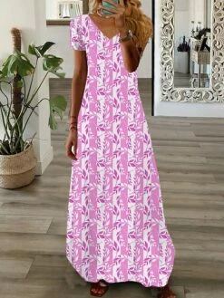 Women's Casual Dress A Line Dress Summer Dress Floral Stripe Split Print V Neck Long Dress Maxi Dress Fashion Streetwear Outdoor Daily Short Sleeve Regular Fit Yellow Pink Blue Summer Spring S M L XL -LIGHTINTHEBOX Shop ilcawl1688729766963
