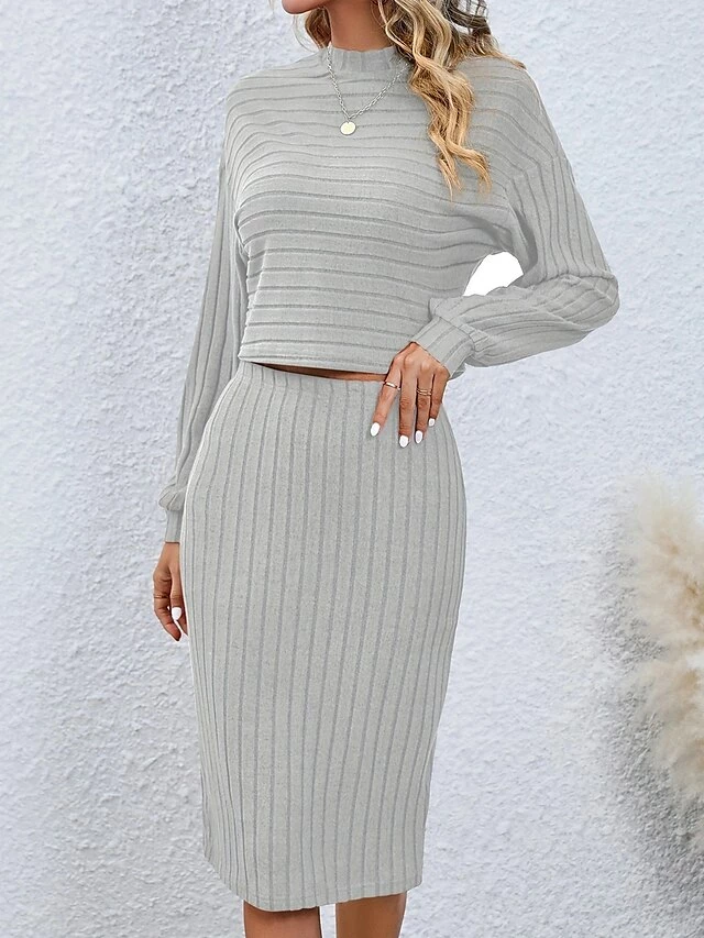 Women's Two Piece Dress Set Casual Dress Skirt Set Outdoor Daily Active Fashion Ribbed Midi Dress Turtleneck Long Sleeve Plain Loose Fit Black Wine Gray Fall Winter S M L XL XXL 5 Women's Two Piece Dress Set Casual Dress Skirt Set Outdoor Daily Active Fashion Ribbed Midi Dress Turtleneck Long Sleeve Plain Loose Fit Black Wine Gray Fall Winter S M L XL XXL - Image 3