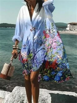 Women's Shirt Dress Casual Dress Swing Dress Mini Dress Outdoor Daily Vacation Polyester Fashion Casual Shirt Collar Button Print Long Sleeve Summer Spring Fall 2023 Loose Fit White Blue Purple Floral