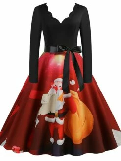 Women's Christmas Casual Dress Swing Dress Midi Dress Green Wine Light Red Fuchsia Red Long Sleeve Santa Claus Elk Bow Print Winter Fall V Neck Vacation Vintage 2022 S M L XL XXL 3XL -LIGHTINTHEBOX Shop imskia1666761910374