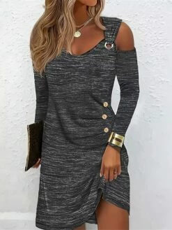 Women's Work Dress Casual Dress Sheath Dress Fashion Winter Dress Daily Mini Dress Patchwork Hollow Out V Neck Long Sleeve Plain Regular Fit Gray Fall Winter S M L XL XXL