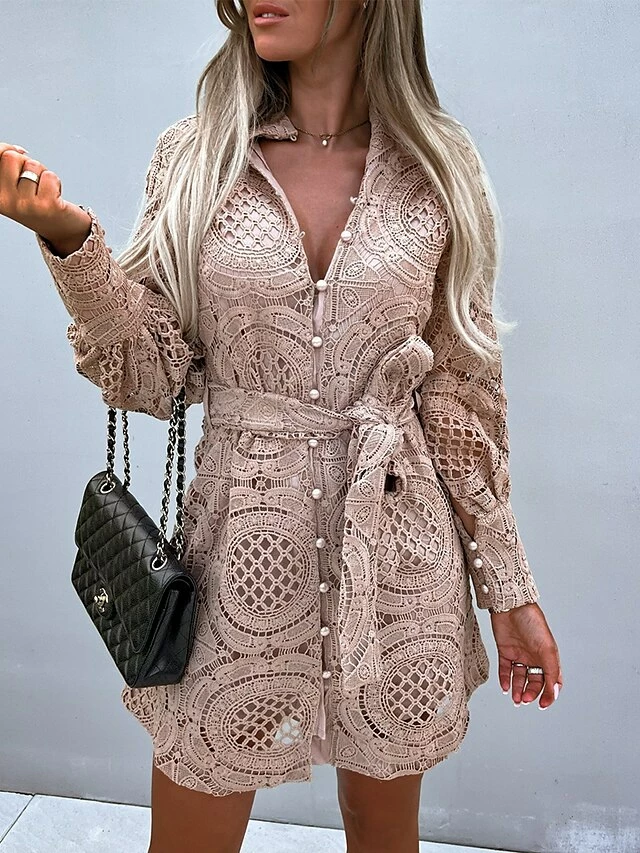 Women's Party Dress Lace Dress Cocktail Dress Mini Dress Black Green Rose Long Sleeve Pure Color Lace Fall Winter Autumn Stand Collar Fashion Vacation 2023 S M L XL 10 Women's Party Dress Lace Dress Cocktail Dress Mini Dress Black Green Rose Long Sleeve Pure Color Lace Fall Winter Autumn Stand Collar Fashion Vacation 2023 S M L XL - Image 8