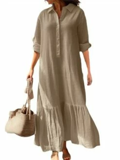 Women's Casual Dress Cotton Dress Swing Dress Maxi Long Dress Cotton Basic Classic Outdoor Daily Vacation Shirt Collar Ruched Button Long Sleeve Spring Fall Winter 2023 Loose Fit Blue Green Khaki -LIGHTINTHEBOX Shop inwitc1695283866743