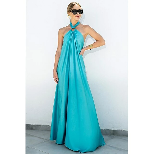 Women's Party Dress Satin Dress Long Dress Maxi Dress Blue Orange Green Sleeveless Pure Color Backless Summer Spring Halter Neck Fashion Loose Fit 2023 S M L XL 4 Women's Party Dress Satin Dress Long Dress Maxi Dress Blue Orange Green Sleeveless Pure Color Backless Summer Spring Halter Neck Fashion Loose Fit 2023 S M L XL - Image 2