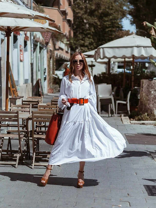 Women's Shirt Dress Casual Dress Swing Dress Maxi Long Dress Outdoor Daily Polyester Fashion Casual Shirt Collar Lace Up Button Long Sleeve Summer Spring Fall 2023 Regular Fit Black White Pink Pure 5 Women's Shirt Dress Casual Dress Swing Dress Maxi Long Dress Outdoor Daily Polyester Fashion Casual Shirt Collar Lace Up Button Long Sleeve Summer Spring Fall 2023 Regular Fit Black White Pink Pure - Image 3