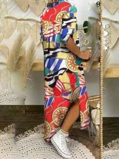 Women's Shirt Dress Swing Dress Maxi Long Dress Outdoor Daily Vacation Cotton Linen Stylish Modern Shirt Collar Split Print Short Sleeve Summer Spring 2023 Loose Fit Black Red Blue Geometric Letter -LIGHTINTHEBOX Shop ipnoyb1642499785999