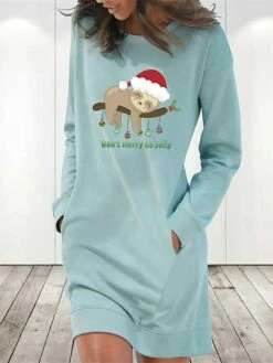 Women‘s Christmas Hoodie Dress Winter Dress Light Blue Grey White Long Sleeve Animal Letter Hat Pocket Print Winter Fall Crew Neck Stylish Casual Fall Dress Loose Fit 2022 S M L XL 2XL