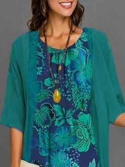 Women's Two Piece Dress Set Casual Dress Daily Vacation Modern Casual Print Midi Dress Crew Neck Half Sleeve Graphic Floral Loose Fit Wine Royal Blue Blue Summer Spring S M L XL XXL -LIGHTINTHEBOX Shop irakwc1678430993109