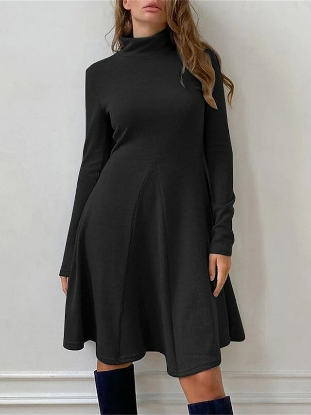 Women's Casual Dress Plain Dress Midi Dress Patchwork Outdoor Street Daily Fashion Streetwear Stand Collar Long Sleeve 2023 Slim Black Khaki Gray Color S M L XL XXL Size 6 Women's Casual Dress Plain Dress Midi Dress Patchwork Outdoor Street Daily Fashion Streetwear Stand Collar Long Sleeve 2023 Slim Black Khaki Gray Color S M L XL XXL Size - Image 4