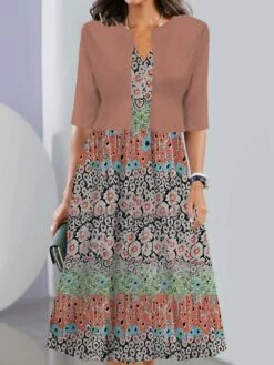 Women's Two Piece Dress Set Casual Dress Tank Dress Outdoor Daily Vintage Casual Pocket Print Midi Dress V Neck 3/4 Length Sleeve Geometric Color Block Regular Fit Black Pink Wine Summer Spring S M L -LIGHTINTHEBOX Shop irohnl1690441702892