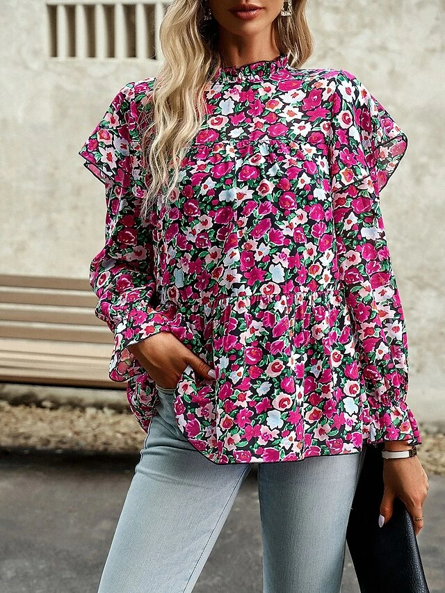 Women's Black Yellow Pink Heart Print Long Sleeve Work Elegant & Luxurious Boat Neck Form Fit Floral Fleece Lined Bell Sleeve Spring & Summer 7 Women's Black Yellow Pink Heart Print Long Sleeve Work Elegant & Luxurious Boat Neck Form Fit Floral Fleece Lined Bell Sleeve Spring & Summer - Image 5