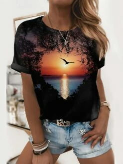 Women's T Shirt Tee Black Scenery 3D Print Short Sleeve Casual Holiday Weekend Basic Round Neck Regular Fit Abstract 3D Printed Painting