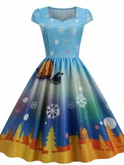 Women's Christmas Swing Dress Vintage DressKnee Length Dress Blue Wine Red Light BlueShort Sleeve Santa Claus Snowman Tree Print Fall Winter Square Neck Vintage Elegant Slim 2022 S M L XL -LIGHTINTHEBOX Shop isdbpd1665475226438