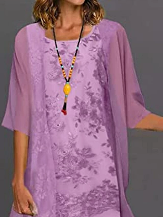 Women's Two Piece Dress Set Casual Dress Print Dress Outdoor Daily Casual Mature Mesh Print Midi Dress Crew Neck Half Sleeve Floral Regular Fit Purple Summer Spring S M L XL XXL 4 Women's Two Piece Dress Set Casual Dress Print Dress Outdoor Daily Casual Mature Mesh Print Midi Dress Crew Neck Half Sleeve Floral Regular Fit Purple Summer Spring S M L XL XXL - Image 2