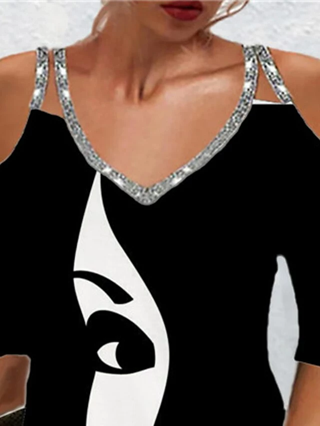 Women's Casual Dress Mini Dress Black 3/4 Length Sleeve Abstract Sequins Summer Spring Spaghetti Strap Fashion 2023 S M L XL XXL 3XL 4 Women's Casual Dress Mini Dress Black 3/4 Length Sleeve Abstract Sequins Summer Spring Spaghetti Strap Fashion 2023 S M L XL XXL 3XL - Image 2