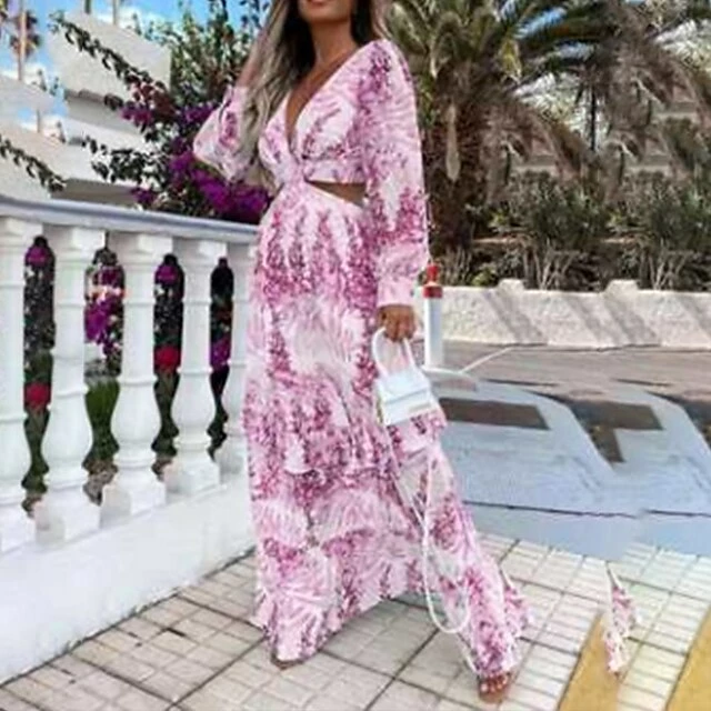 Women's Swing Dress Maxi Long Dress Light Purple Green Blue Yellow Long Sleeve Print Hollow Out Spring Summer V Neck Stylish Elegant Vacation 2023 S M L XL XXL 6 Women's Swing Dress Maxi Long Dress Light Purple Green Blue Yellow Long Sleeve Print Hollow Out Spring Summer V Neck Stylish Elegant Vacation 2023 S M L XL XXL - Image 4