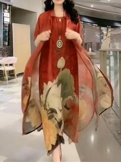 Women's Two Piece Dress Set Casual Dress Swing Dress Daily Holiday Fashion Casual Print Midi Dress Crew Neck Half Sleeve Floral Print Loose Fit Red Blue Orange Summer Spring M L XL XXL 3XL -LIGHTINTHEBOX Shop itgafw1691462027976