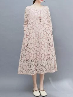 Women's Work Dress Lace Dress Black Dress Fashion Midi Dress Lace Pocket Crew Neck Long Sleeve Plain Loose Fit Black White Pink Fall M L XL XXL 3XL -LIGHTINTHEBOX Shop itmqxl1693281259810