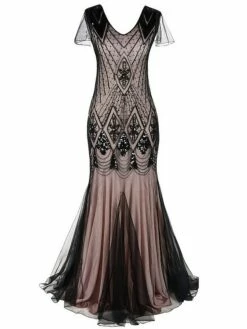 Women‘s Halloween Dress Lace Dress Vintage Dress Black Dress Long Dress Maxi Dress Burgundy Dark Green Sleeveless Plain Sequins Spring Fall Winter V Neck Fashion Evening Party 2023