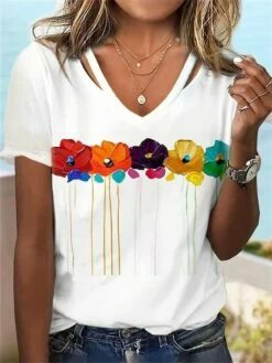 Women's T Shirt Tee Black White Blue Floral Cut Out Print Short Sleeve Holiday Weekend Basic V Neck Regular Fit Floral Painting
