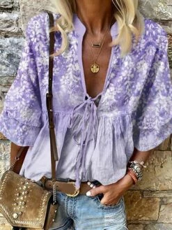 Women's Shirt Blouse Pink Blue Purple Floral Lace Up Print 3/4 Length Sleeve Casual Holiday Daily V Neck Regular Fit Floral Spring &Fall -LIGHTINTHEBOX Shop iuzfwi1694499892471
