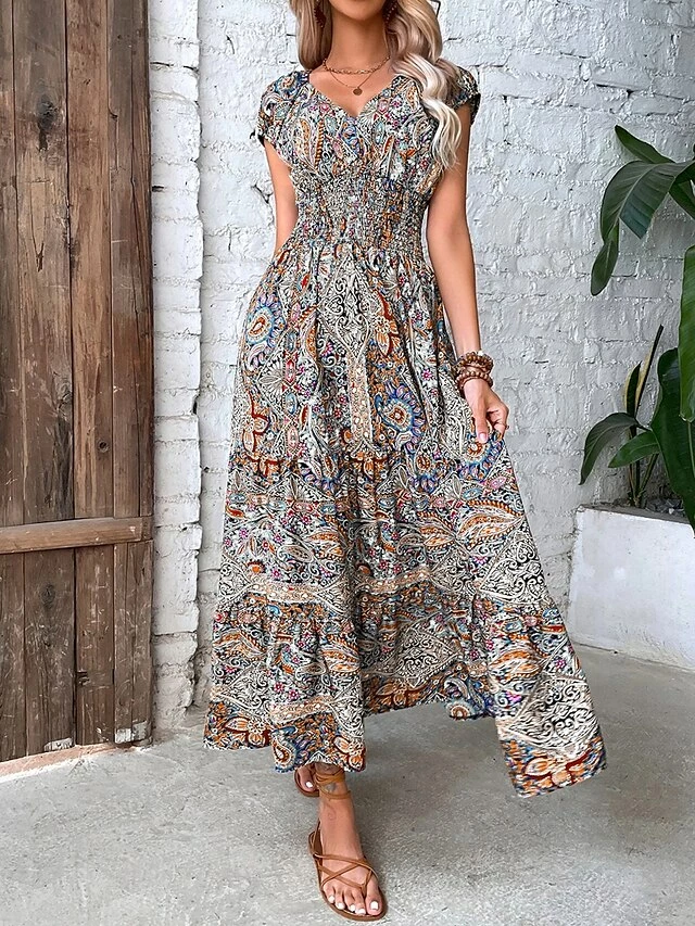 Women's Long Dress Maxi Dress Casual Dress Swing Dress Summer Dress Floral Paisley Tribal Fashion Casual Outdoor Daily Holiday Ruched Print Short Sleeve V Neck Dress Loose Fit Green Red Orange 8 Women's Long Dress Maxi Dress Casual Dress Swing Dress Summer Dress Floral Paisley Tribal Fashion Casual Outdoor Daily Holiday Ruched Print Short Sleeve V Neck Dress Loose Fit Green Red Orange - Image 6