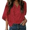 Women's Shirt Blouse Red Polka Dot Print 3/4 Length Sleeve Casual Streetwear V Neck Loose Fit