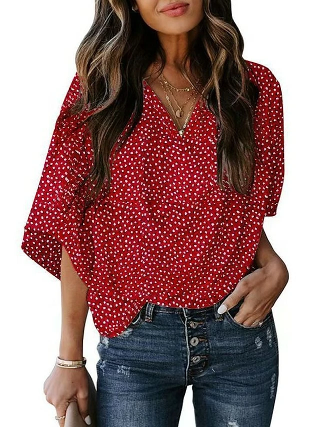Women's Shirt Blouse Red Polka Dot Print 3/4 Length Sleeve Casual Streetwear V Neck Loose Fit 3 Women's Shirt Blouse Red Polka Dot Print 3/4 Length Sleeve Casual Streetwear V Neck Loose Fit