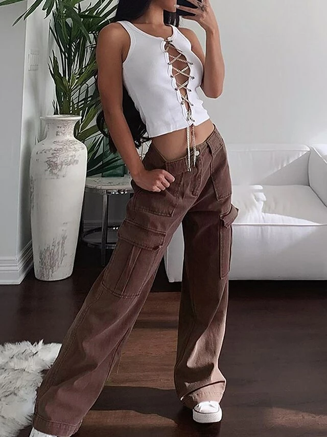Women's Jeans Cargo Pants Chinos Full Length Denim Micro-elastic High Waist Fashion Streetwear Street Daily Brown S M Fall Winter 4 Women's Jeans Cargo Pants Chinos Full Length Denim Micro-elastic High Waist Fashion Streetwear Street Daily Brown S M Fall Winter - Image 2
