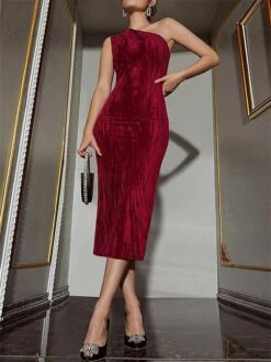 Women's Party Dress Velvet Dress Cocktail Dress Midi Dress Wine Dark Green Sleeveless Pure Color Split Spring Fall Winter One Shoulder Fashion Birthday Wedding Guest Vacation 2023 S M L XL -LIGHTINTHEBOX Shop ixdwsm1692858602652
