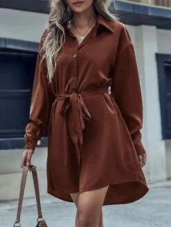 Women's Shirt Dress Casual Dress Plain Dress Midi Dress Lace Up Button Daily Date Going Out Active Fashion Shirt Collar Long Sleeve 2023 Loose Fit Black Brown Color S M L XL Size