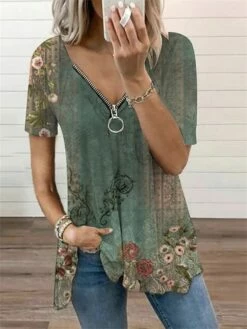 Women's T Shirt Tee Blue Purple Orange Floral Quarter Zip Print Short Sleeve Casual Holiday Basic V Neck Regular Fit Floral Sleeveless