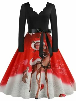 Women's Christmas Casual Dress Swing Dress Midi Dress Green Wine Light Red Fuchsia Red Long Sleeve Santa Claus Elk Bow Print Winter Fall V Neck Vacation Vintage 2022 S M L XL XXL 3XL -LIGHTINTHEBOX Shop iycysy1666761908506