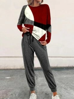 Women's Sweatshirt Tracksuit Pants Sets Red Blue Green Color Block Drawstring Print Long Sleeve Outdoor Casual Active Daily Round Neck Regular Fit Spring &Fall