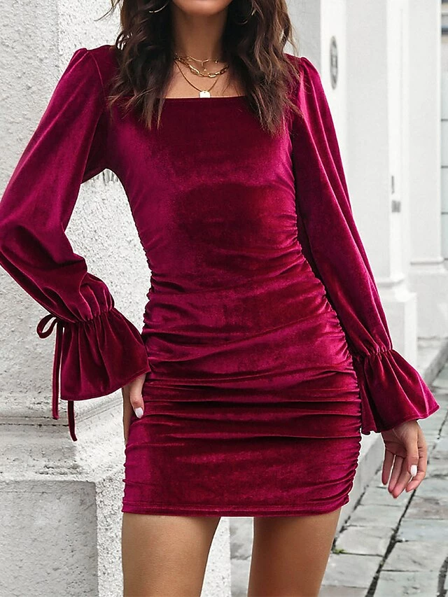 Women's Party Dress Velvet Dress Homecoming Dress Mini Dress Black Pink Wine Long Sleeve Pure Color Ruched Fall Winter Autumn Square Neck Fashion Winter Dress Vacation Fall Dress 2023 S M L XL 9 Women's Party Dress Velvet Dress Homecoming Dress Mini Dress Black Pink Wine Long Sleeve Pure Color Ruched Fall Winter Autumn Square Neck Fashion Winter Dress Vacation Fall Dress 2023 S M L XL - Image 7