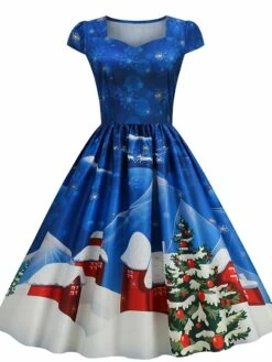 Women's Christmas Swing Dress Vintage DressKnee Length Dress Blue Wine Red Light BlueShort Sleeve Santa Claus Snowman Tree Print Fall Winter Square Neck Vintage Elegant Slim 2022 S M L XL -LIGHTINTHEBOX Shop iyowfa1665475229341