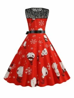 Women‘s Christmas Retro 1950s Vintage Dress Midi Dress Party Patchwork Bow Santa Claus Crew Neck Sleeveless Regular Fit Fall Winter 2023 Black Wine S M L XL -LIGHTINTHEBOX Shop izavft1694501409970