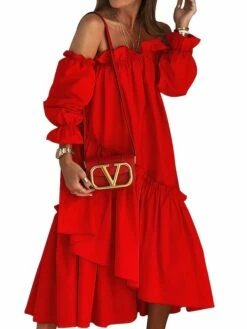 Women's Casual Dress Swing Dress Long Dress Maxi Dress Black Red 3/4 Length Sleeve Pure Color Patchwork Fall Autumn Off Shoulder Loose Fit S M L XL