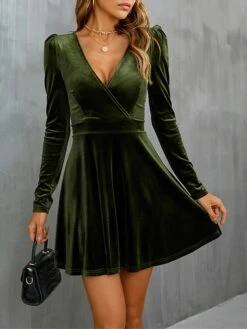 Women‘s Wedding Guest Dress Homecoming Dress Party Dress Velvet Dress Green Casual Dress Wine Army Green Black Long Sleeve Pure Color Ruched Velvet Winter Fall V Neck Casual Modern -LIGHTINTHEBOX Shop jaleua1661941391856