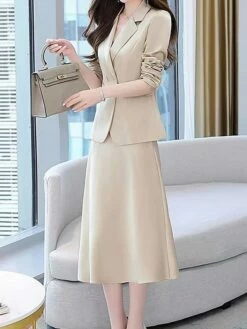 Women's Two Piece Dress Set Work Dress Skirt Set Formal Office Streetwear Elegant Button Pocket Midi Dress Shirt Collar Long Sleeve Plain Regular Fit Black Purple Beige Fall Winter M L XL XXL 3XL -LIGHTINTHEBOX Shop jaudaq1694498844092