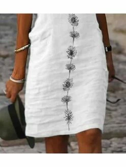Women's Cotton Linen Dress Casual Dress Shift Dress Midi Dress Cotton Fashion Modern Outdoor Daily Vacation V Neck Lace Print Short Sleeve Summer Spring 2023 Regular Fit White Green Flower S M L XL -LIGHTINTHEBOX Shop jaydlh1678356465256