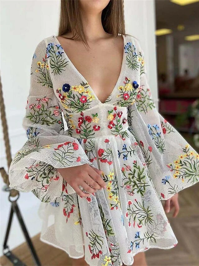 Women's Party Dress Homecoming Dress Wedding Guest Dress Mini Dress White Long Sleeve Floral Ruched Summer Spring Fall V Neck Fashion Birthday Wedding Guest Vacation 2023 S M L XL 2XL 6 Women's Party Dress Homecoming Dress Wedding Guest Dress Mini Dress White Long Sleeve Floral Ruched Summer Spring Fall V Neck Fashion Birthday Wedding Guest Vacation 2023 S M L XL 2XL - Image 4