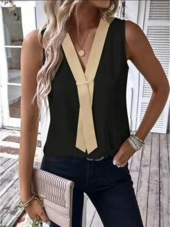 Women's Tank Top Black Brown Green Color Block Sleeveless Casual Basic V Neck Regular Fit -LIGHTINTHEBOX Shop jbpcrv1679912966279