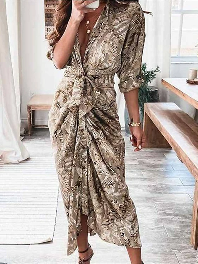 Women's Shirt Dress Casual Dress Bodycon Midi Dress Outdoor Daily Date Polyester Fashion Modern V Neck Ruched Button 3/4 Length Sleeve Summer Spring 2023 Loose Fit Brown Khaki Floral Color Block Pure 4 Women's Shirt Dress Casual Dress Bodycon Midi Dress Outdoor Daily Date Polyester Fashion Modern V Neck Ruched Button 3/4 Length Sleeve Summer Spring 2023 Loose Fit Brown Khaki Floral Color Block Pure - Image 2