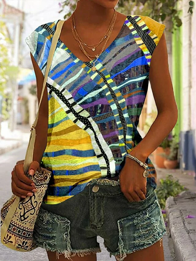 Women's Tank Top Yellow Blue Purple Graphic Print Sleeveless Casual Basic V Neck Regular Fit 6 Women's Tank Top Yellow Blue Purple Graphic Print Sleeveless Casual Basic V Neck Regular Fit - Image 4