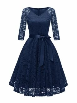 Women‘s Vintage Tea Dresses Party Dress Lace Dress Homecoming Dress Knee Length Dress Pink Wine Navy Blue 3/4 Length Sleeve Pure Color Lace Summer Spring Fall V Neck Classic Winter Dress -LIGHTINTHEBOX Shop jcmtrr1659516417584