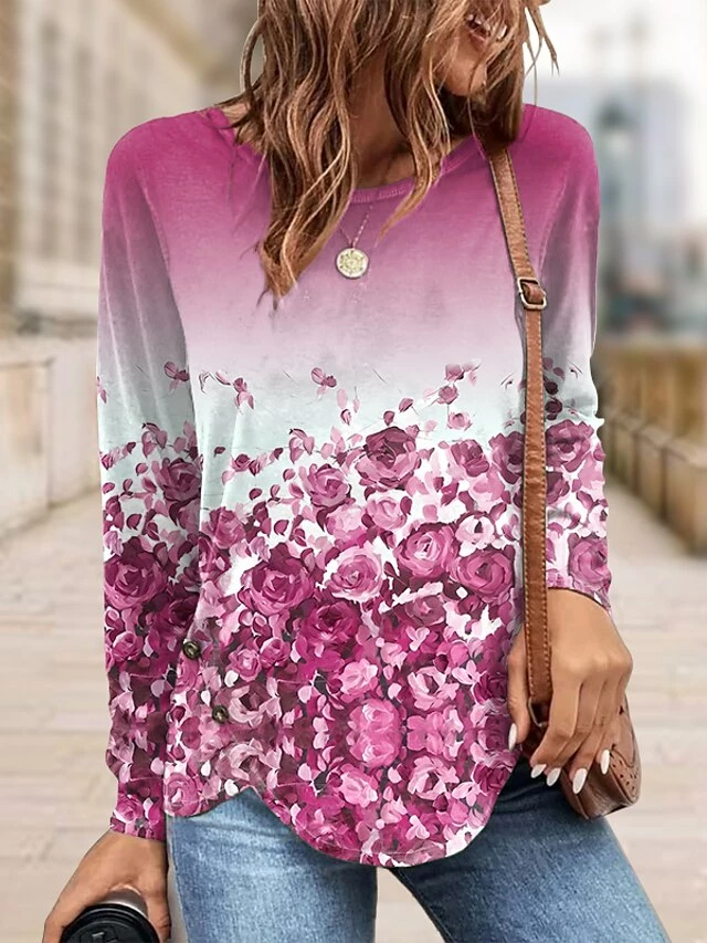 Women's T Shirt Tee Christmas Shirt Yellow Pink Blue Floral Print Long Sleeve Holiday Weekend Basic Christmas Round Neck Regular Fit Floral Painting Spring &Fall 6 Women's T Shirt Tee Christmas Shirt Yellow Pink Blue Floral Print Long Sleeve Holiday Weekend Basic Christmas Round Neck Regular Fit Floral Painting Spring &Fall - Image 4