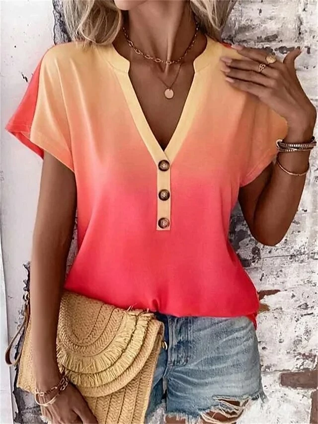 Women's T Shirt Tee Blouse Red Blue Purple Color Gradient Button Print Short Sleeve Casual Basic Neon & Bright V Neck Regular Fit 10 Women's T Shirt Tee Blouse Red Blue Purple Color Gradient Button Print Short Sleeve Casual Basic Neon & Bright V Neck Regular Fit - Image 8