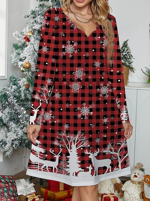 Women's Work Dress Casual Dress Fashion Winter Dress Christmas Daily Mini Dress Print V Neck Long Sleeve Plaid Elk Regular Fit White Wine Red Fall Winter S M L XL XXL 5 Women's Work Dress Casual Dress Fashion Winter Dress Christmas Daily Mini Dress Print V Neck Long Sleeve Plaid Elk Regular Fit White Wine Red Fall Winter S M L XL XXL - Image 3