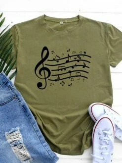 Women's T Shirt Tee 100% Cotton Black White Light Green Music Print Short Sleeve Daily Weekend Basic Round Neck Regular Fit -LIGHTINTHEBOX Shop jfgufm1646893749128